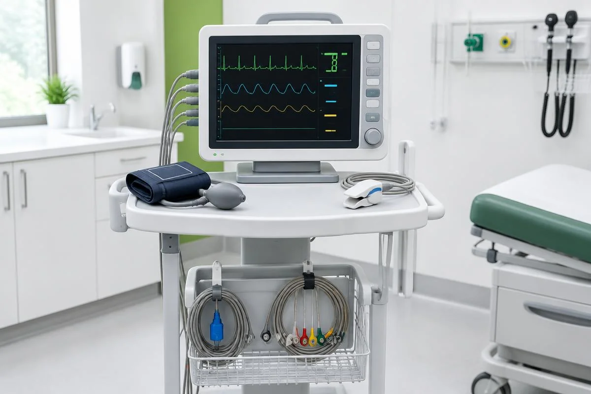 Monitor multiparámetro junto a una cama de hospital