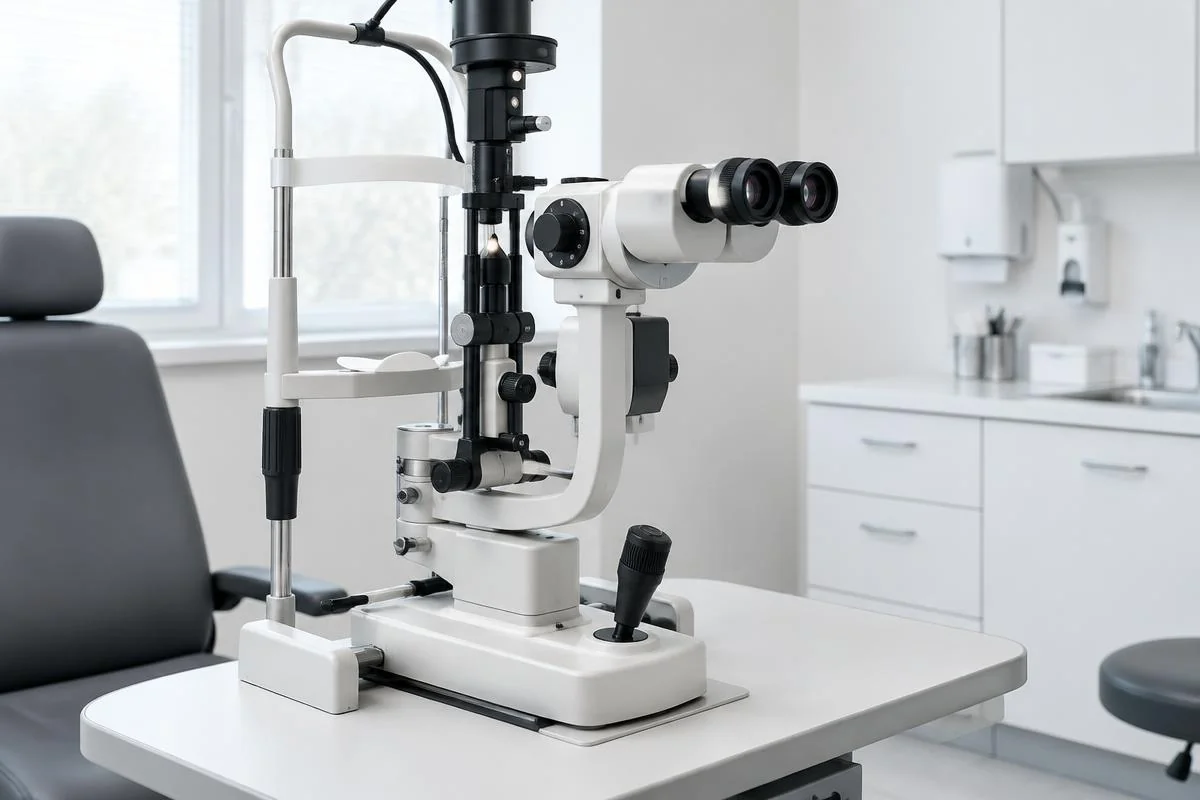 Biomicroscopio de lámpara de hendidura con apoyo de mentón