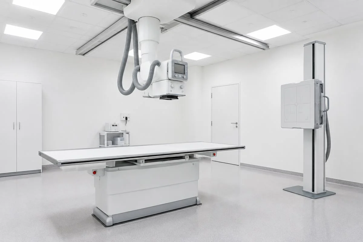 Sala de radiología con tubo fijo, mesa y detector mural